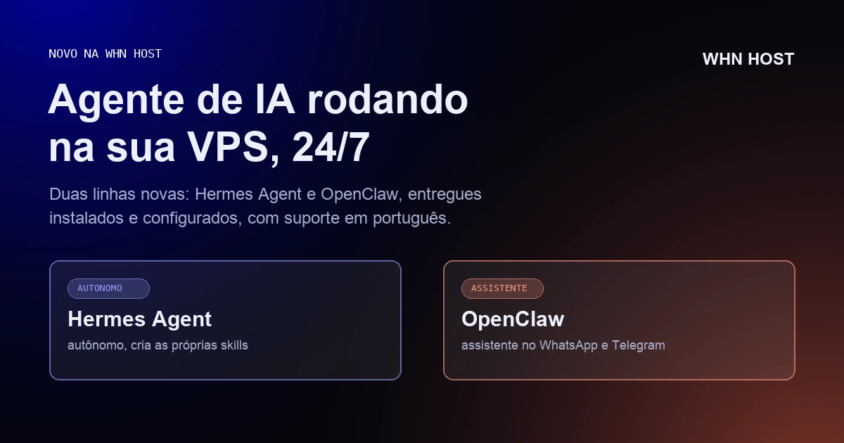 Arte da WHN HOST anunciando as VPS com Hermes Agent e OpenClaw pré-instalados